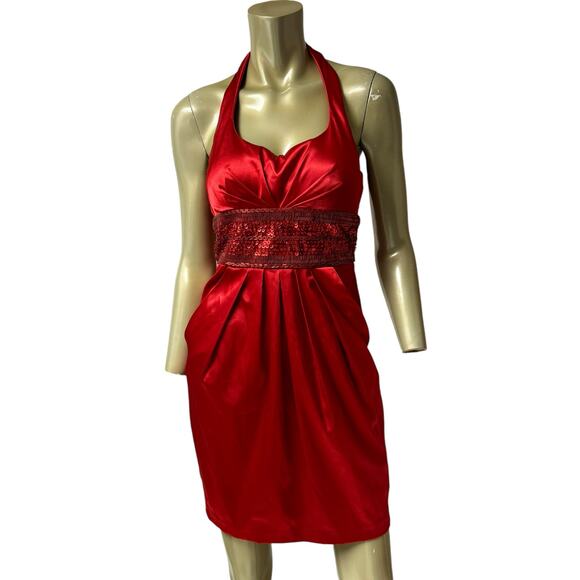ViNTaGe Y2K Red Satin Femme Fatale Halter Dress 9/10 - Picture 1 of 5